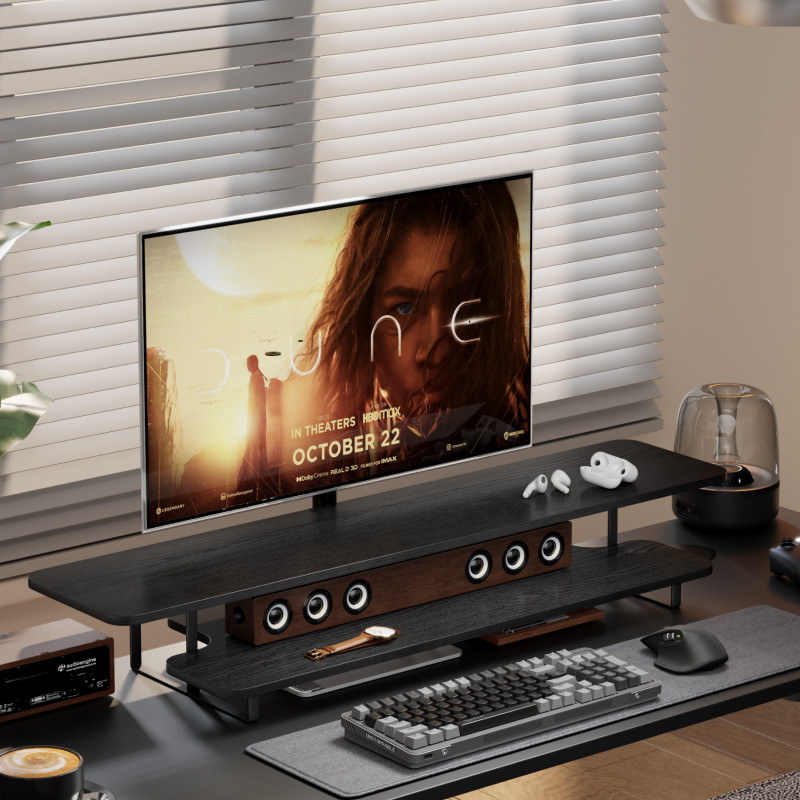 Desk Setup Monitor And Laptop - حامل شاشة بتشطيب خشب الجوز، منظم