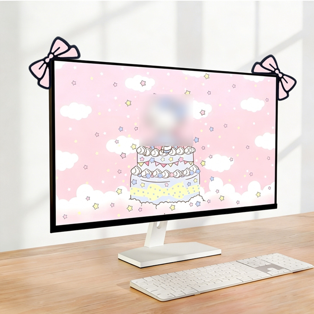 Desk Setup Monitor And Laptop - زينة شاشة لطيفة بفيونكة وردية، إكسسوار
