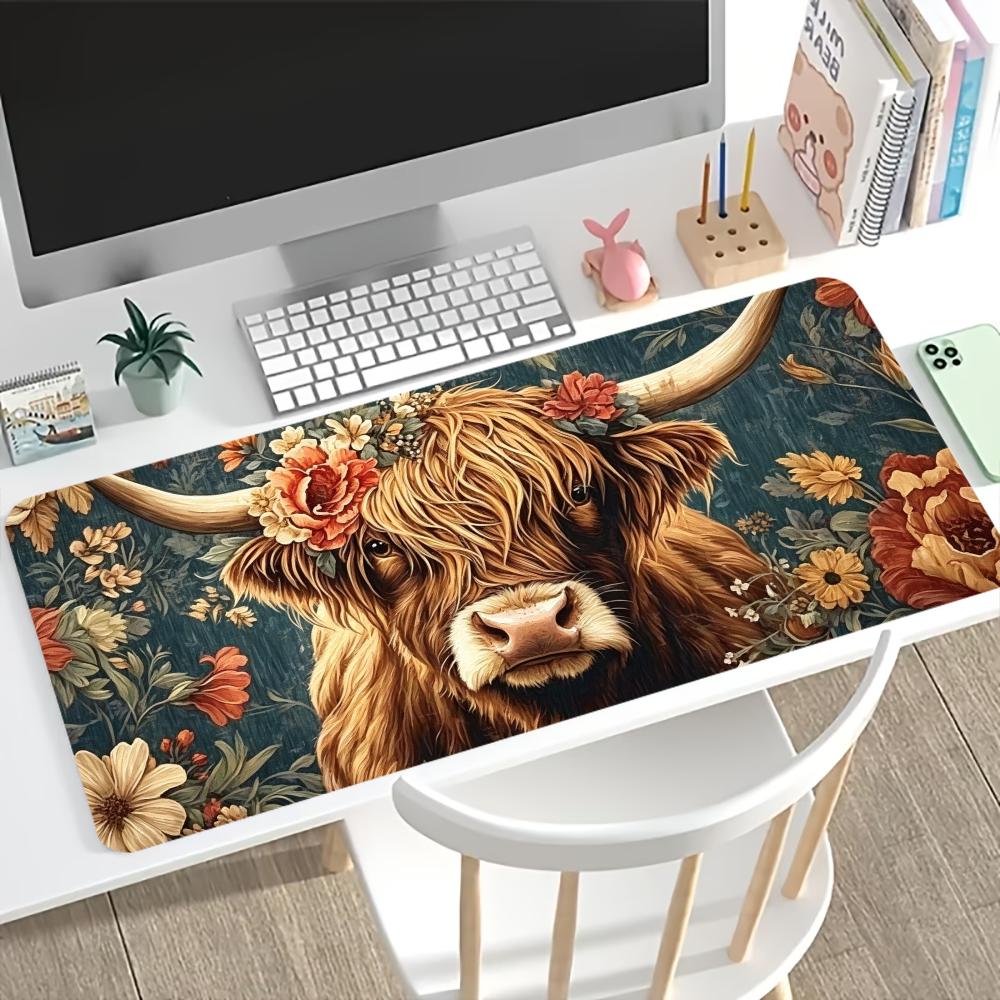 Desk Setup Vintage - وسادة فأرة ألعاب بتصميم بقرة هايلاند